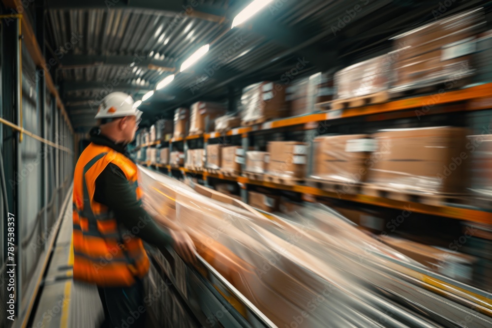 Worker Managing Parcel Delivery on Conveyor Belt