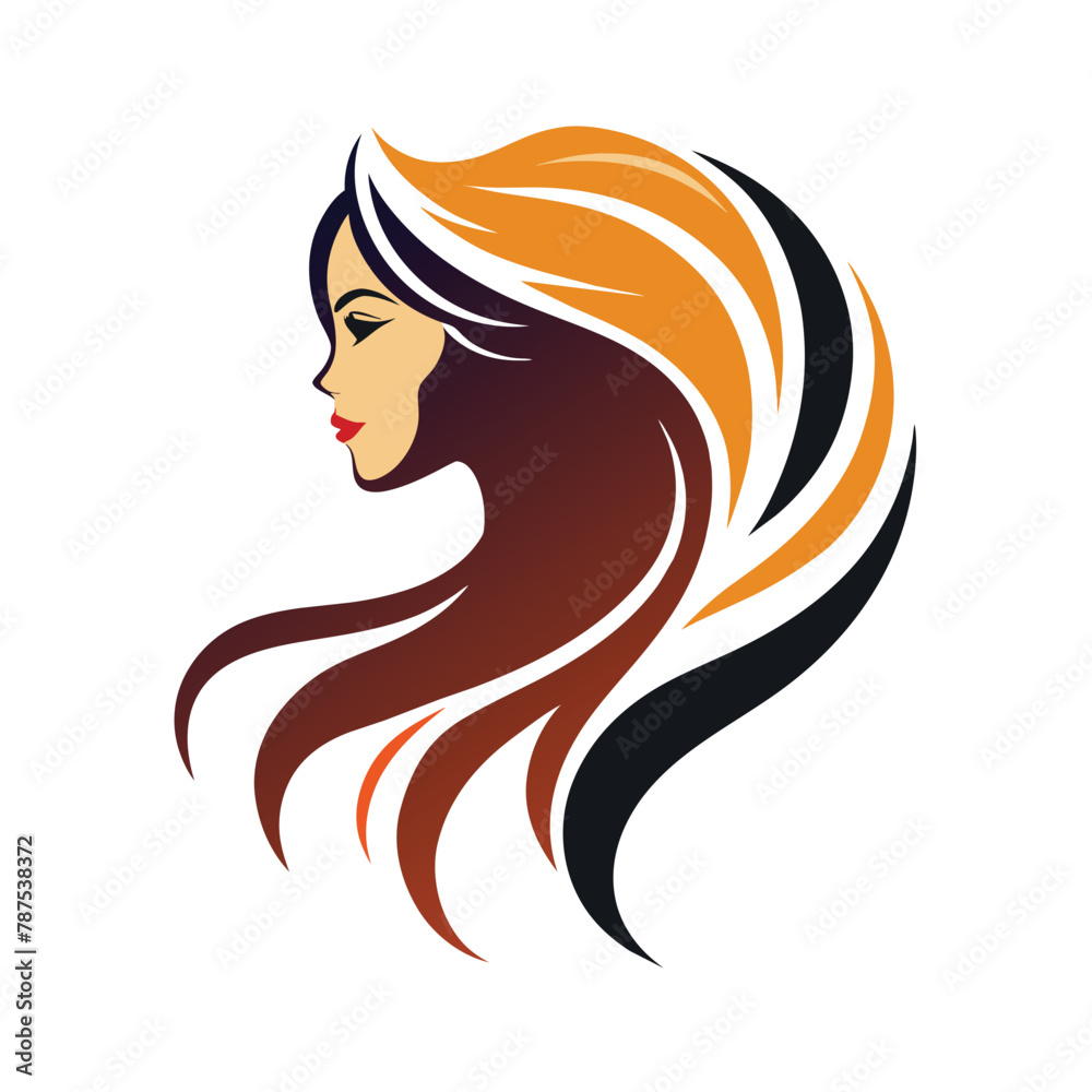 A close-up of a womans face with flowing long hair, showcasing her features, A minimalist logo incorporating the silhouette of a woman with flowing hair