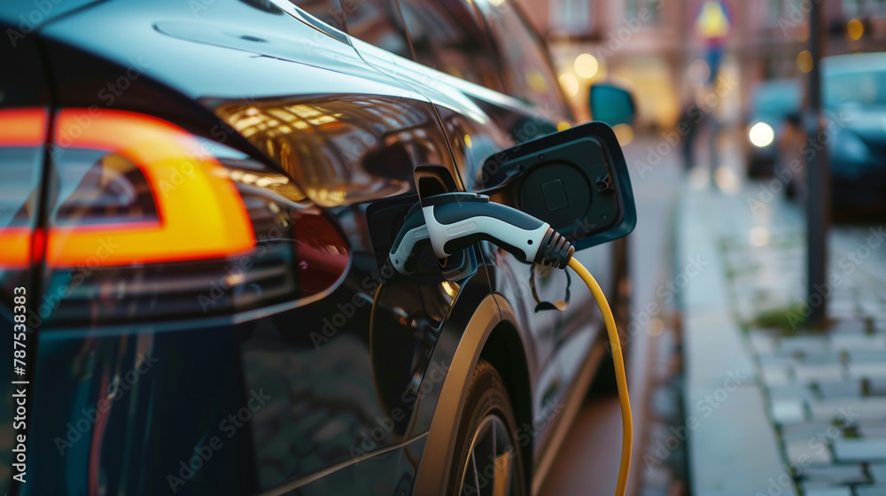 Close up of modern electric car charging on charging station in the city. Eco concept. Close up of modern electric car charging on charging station in the city. Eco concept.