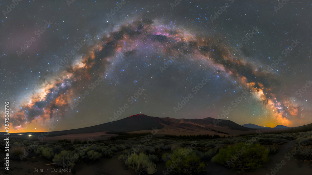 The Milky Way stretching across a clear night sky over a silent mountain range, long exposure to enhance the star details and galaxy colors