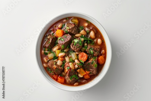 Hearty Bean Stew with Beef and Vegetables, Top-Down View