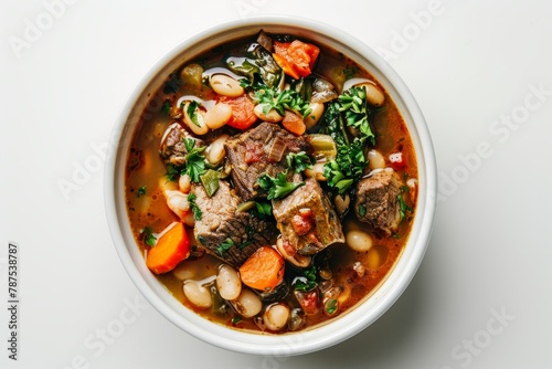 Nutritious Beef Stew with Beans, Colorful Vegetables in White Dish
