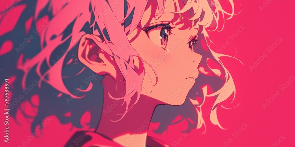 close up of pink hair, bangs, anime girl, profile shot, pastel orange background