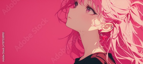 close up of pink hair, bangs, anime girl, profile shot, pastel orange background