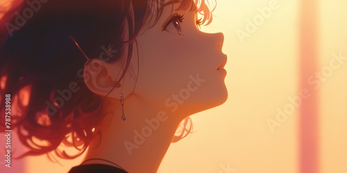 close up of pink hair, bangs, anime girl on pastel orange background