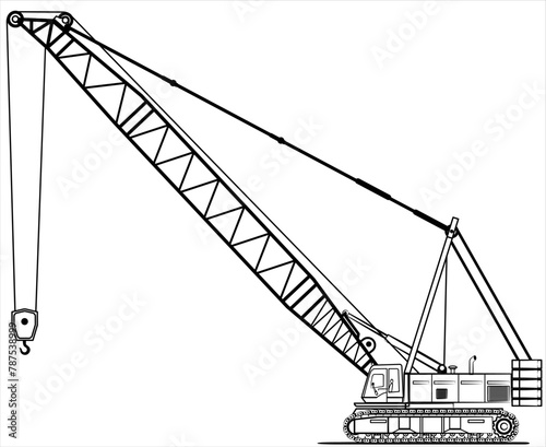 Mobile of Hydraulic lift crane. Silhouette of Crane in flat style. Industrial machine equipment or vehicle with hoist, hook for service, erection and lifting heavy load in building construction site.