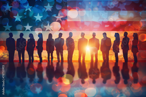 American people, US election. Silhouettes of diverse American citizens in front of an American Flag photo