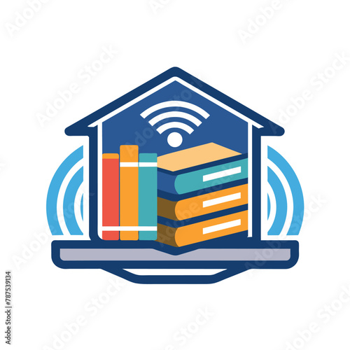 A stack of books neatly arranged on top of a bookshelf, A minimalist representation of a virtual library or e-learning hub