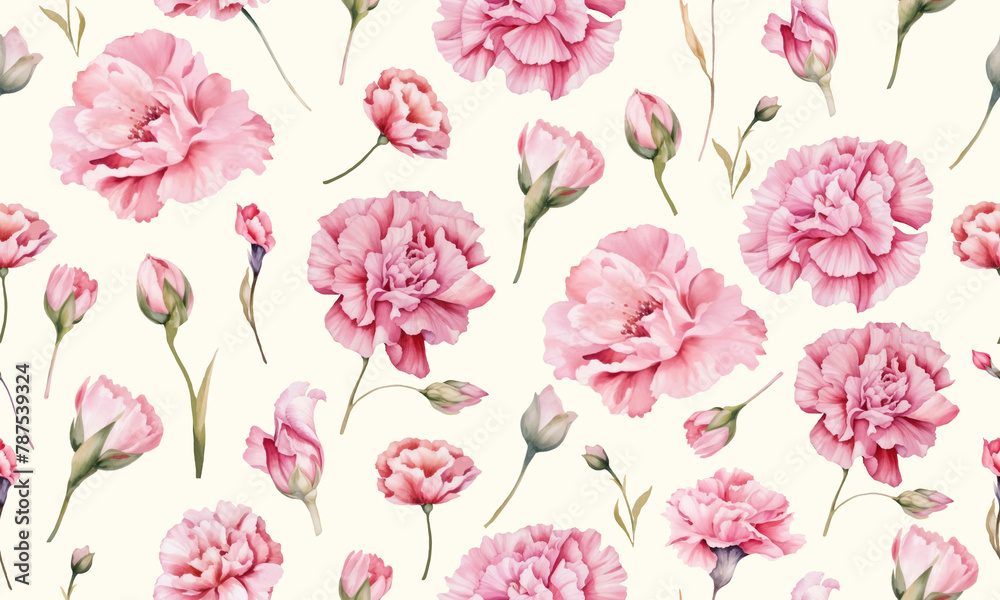 Seamless watercolor pattern with carnation flowers. Illustration isolated on pastel background.