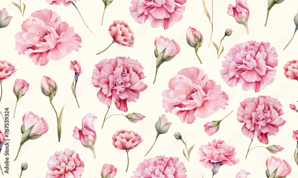 Seamless watercolor pattern with carnation flowers. Illustration isolated on pastel background.