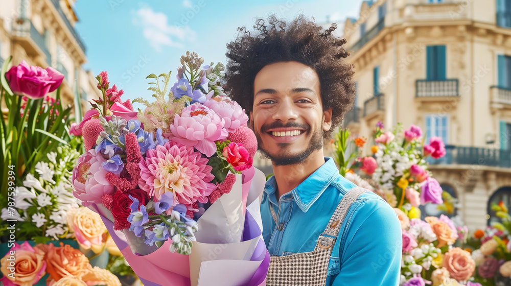 Fototapeta premium Happy delivery man with beautiful flower bouquet outdoors