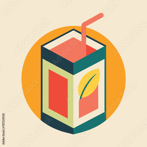A box of juice with a straw sticking out of it, against a plain background, A modern interpretation of a juice box, minimalist simple modern vector logo design