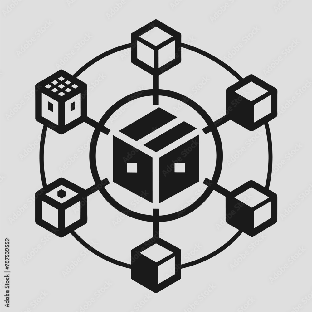 Black and white cube surrounded by smaller cubes, showcasing a geometric pattern, A monochromatic logo symbolizing the interconnectedness of supply chains Black and white cube surrounded by smaller cubes, showcasing a geometric pattern, A monochromatic logo symbolizing the interconnectedness of supply chains