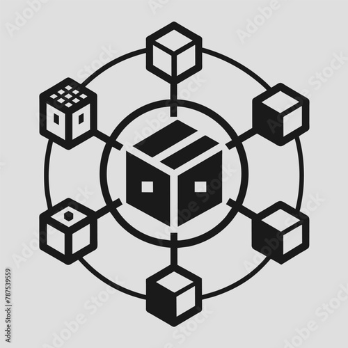 Black and white cube surrounded by smaller cubes, showcasing a geometric pattern, A monochromatic logo symbolizing the interconnectedness of supply chains