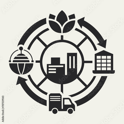 Black and white depiction of a truck parked in front of a building, showcasing urban landscape, A monochromatic logo symbolizing the interconnectedness of supply chains