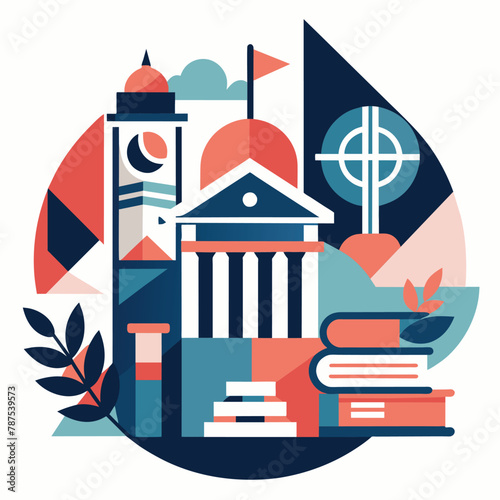Clock tower overlooking a stack of books in a scholarly setting, An abstract composition inspired by academia, using clean lines and limited color palette