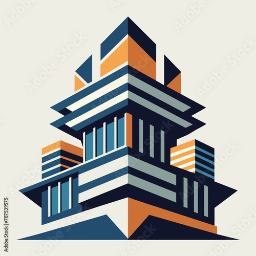 A tall building with numerous windows stacked on top of each other, An abstract architectural structure with overlapping layers and a monochromatic color scheme