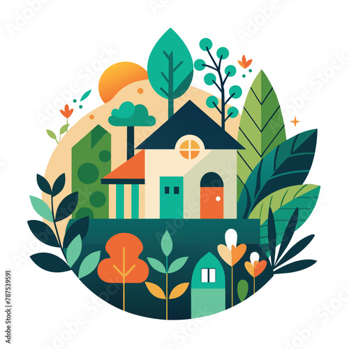 A house is surrounded by a lush canopy of trees and fallen leaves in a serene setting, An abstract composition inspired by the concept of home and garden