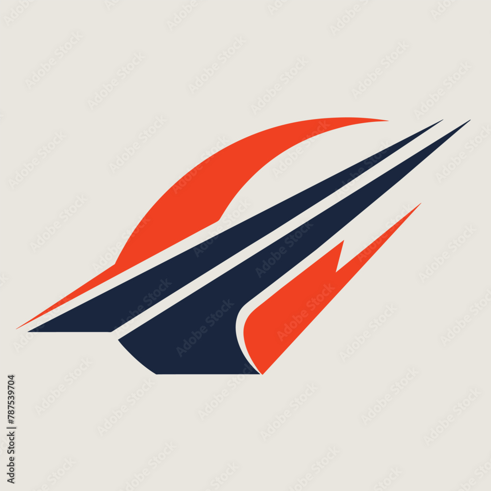 An orange and blue airplane soaring through the sky with clouds in the background, An abstract design utilizing negative space to convey the concept of streamlined transportation