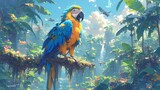 colorful parrot with colorful feathers on fantasy jungle background 