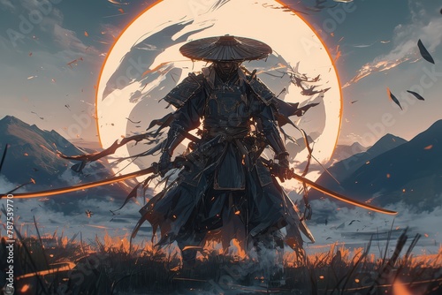 Concept art of a samurai with two katanas formed in an arching pose, wearing a hat and armor made from metal plate