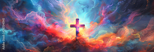 Cross of Jesus Christ on the background of a colorful sky with clouds
