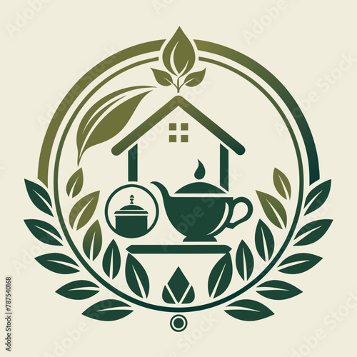 A logo featuring a house in the center, representing a tea shop with a classic and elegant design, An elegant and timeless symbol representing high-quality home goods