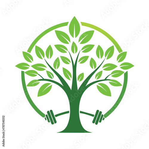 A green tree with two hands gently holding its leaves in a symbolic gesture of care and support, An elegant logo of a tree to symbolize growth and renewal within the fitness journey