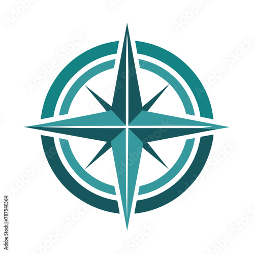 Blue and green compass placed on a plain white surface  An emblem featuring a simplified version of a compass rose  representing navigation and direction in logistics