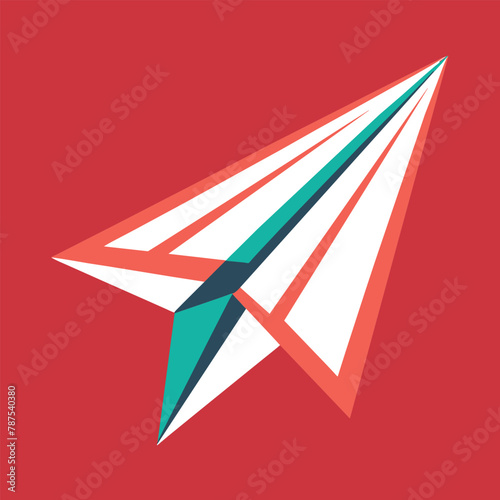 White and blue paper airplane flying on a bold red background, An understated design incorporating a paper airplane motif
