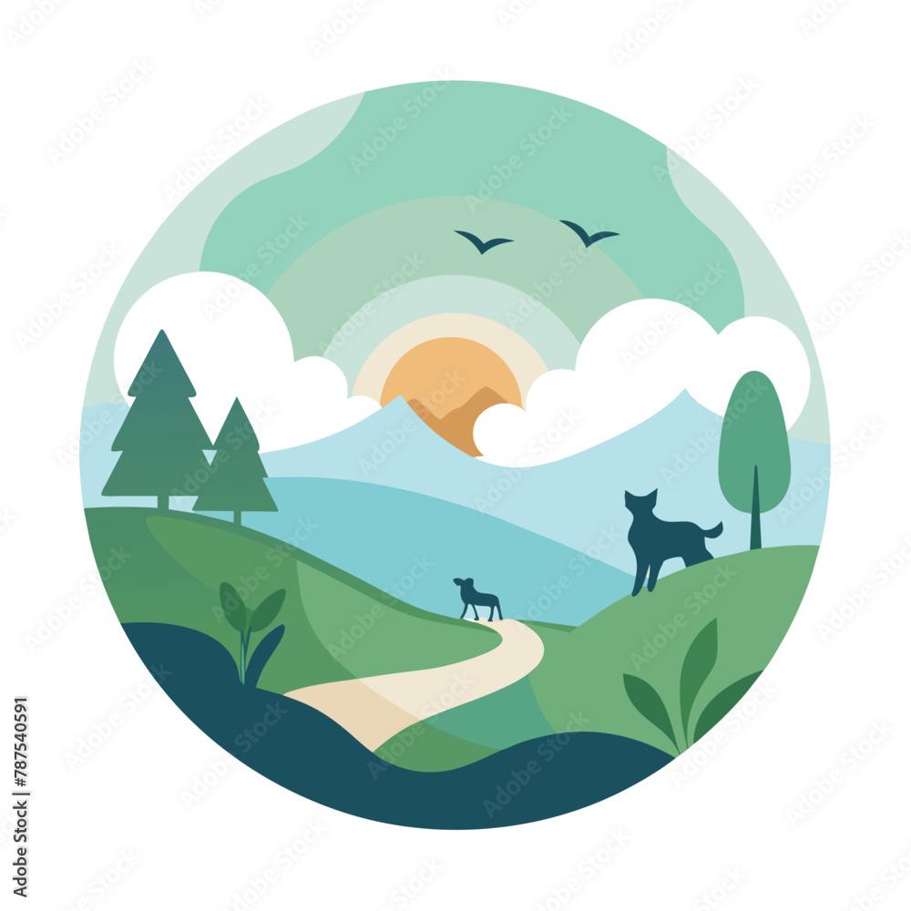 A landscape featuring trees and various animals scattered throughout, A serene landscape with pets scattered throughout, minimalist simple modern vector logo design