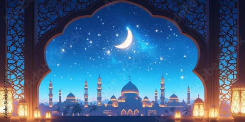 Eid mubarak and Ramadan kareem greetings with an Islamic lantern, a mosque window with a moon and candle behind a blue background. photo
