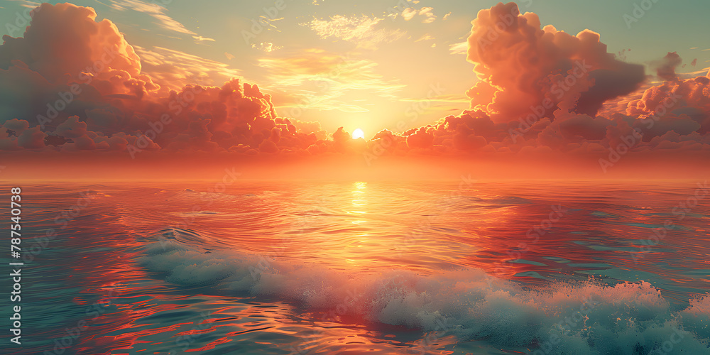 Mystical Sunset Over Psychedelic Ocean - Teal Waves Meet Orange Shoreline