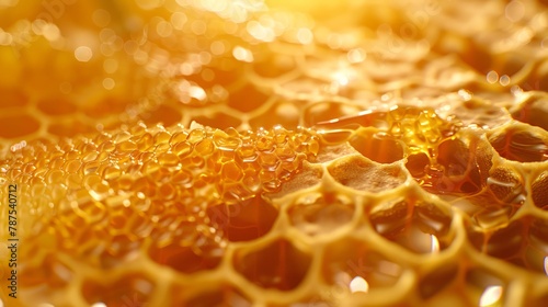 Gold Honeycomb with honey close up. Natural pattern. Texture. Concept of apiculture, natural design, beekeeping, honey production, bee craft. Abstract background. Copy space. Banner