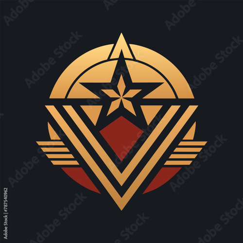 A gold star and a red circle stand out on a black background, creating a striking contrast, A simple logo inspired by the golden age of Hollywood, minimalist simple modern vector logo design