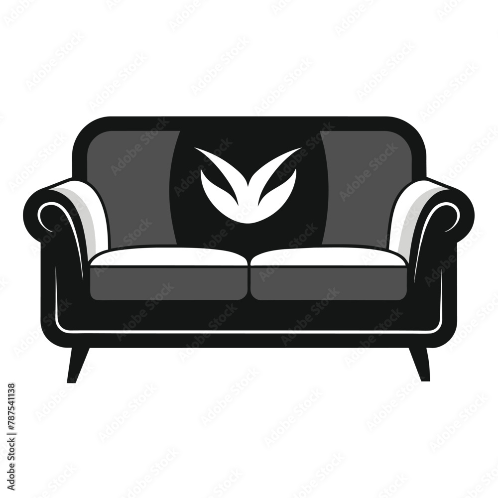 A black and white contemporary couch with a single leaf resting on its cushions, A sleek and contemporary sofa design with a plush, monochromatic upholstery