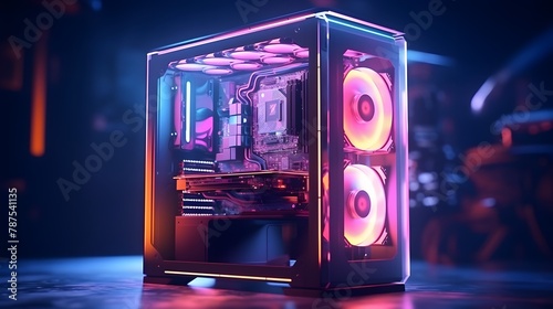 Stunning image of a gaming PC setup, showcasing an isolated screen for app or game presentations, enclosed in a modern case with eye-catching RGB lighting effects.
