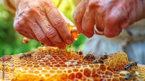 Beekeeper extracting honey from hive. Close-up of hands collecting honeycomb. Concept of raw beekeeping, honey harvest, sustainable apiculture, and natural food production.