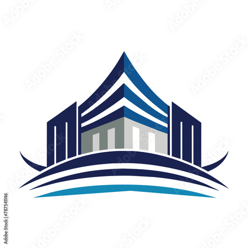 A modern, sleek, and elegant blue and white logo of a conference center, A sleek and elegant conference center offering state-of-the-art facilities