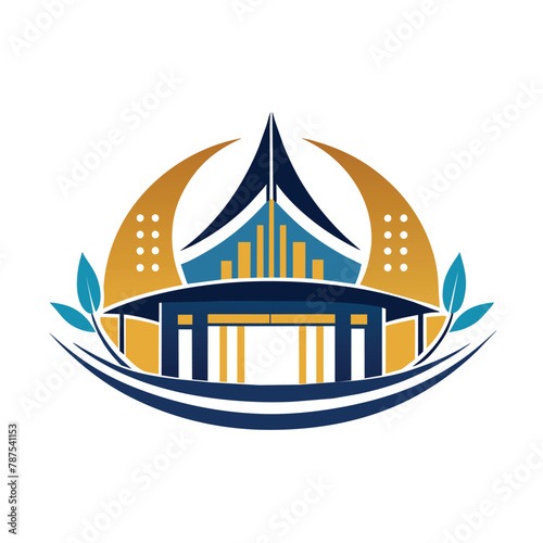 Blue and yellow logo set against a bridge backdrop, A sleek and elegant conference center offering state-of-the-art facilities