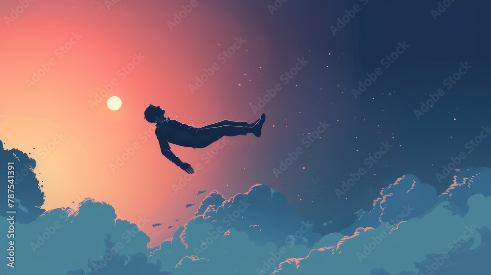 A man is flying through the sky with the sun in the background. The sky is filled with clouds and the sun is setting