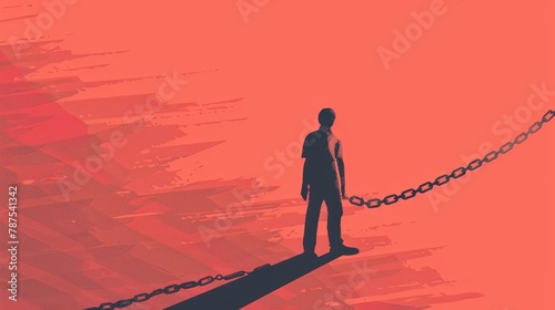 A man is chained to a rock in a red background. The man is looking up at the sky. Scene is sad and lonely