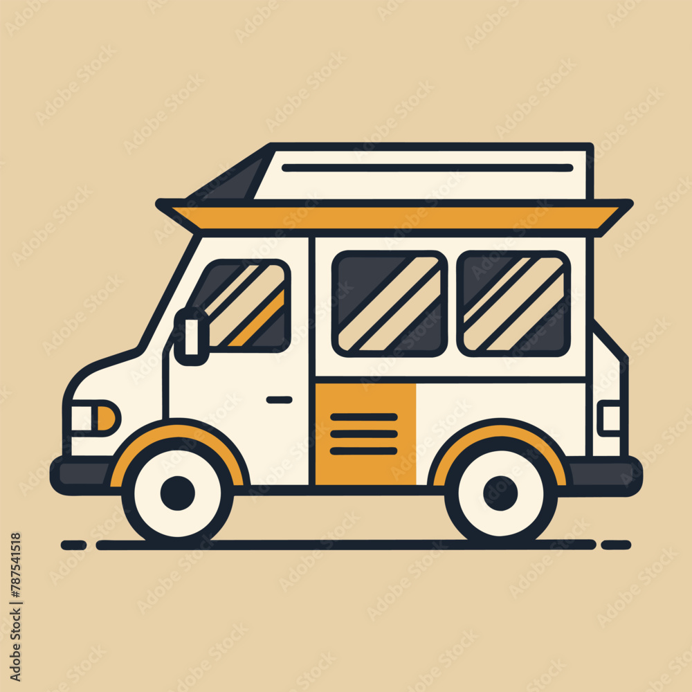 Modern small van with a vibrant yellow and white roof parked on the street, A sleek and modern representation of a food truck using only lines and shapes