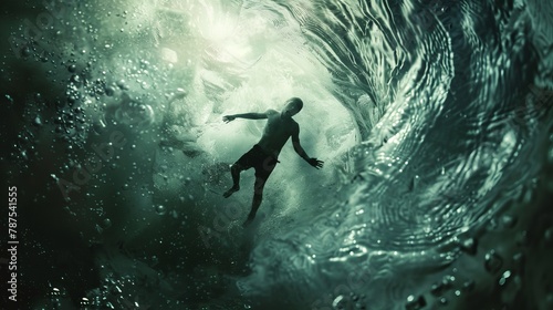 A man is swimming in a dark blue ocean with a wave crashing over him. The water is murky and the man is barely visible. Scene is eerie and unsettling