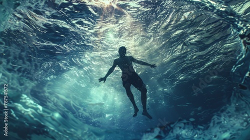A man is swimming in a dark blue ocean with a wave crashing over him. The water is murky and the man is barely visible. Scene is eerie and unsettling