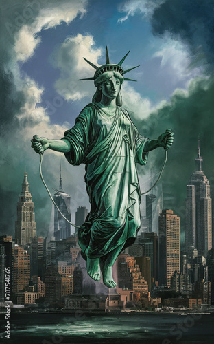 The image showcases the Statue of Liberty personified, which seems to be jumping rope with a cord above the skyline of New York City. Notable buildings from the city's landscape such as the Empir...