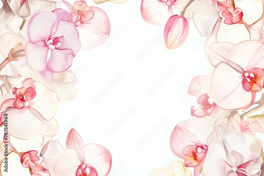 Floral Frame, Watercolor White and pink orchids, Invitation Design with Copy Space