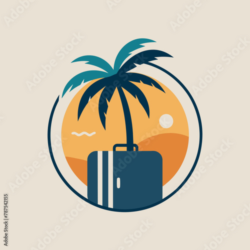 A palm tree decoration sits atop a suitcase, showcasing a tropical style and travel theme, A stylish design featuring a palm tree and suitcase icon