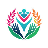 A group of hands coming together to hold green leaves and a heart, symbolizing unity and love, A symbol for a volunteer group that showcases helping hands in a clean, modern style