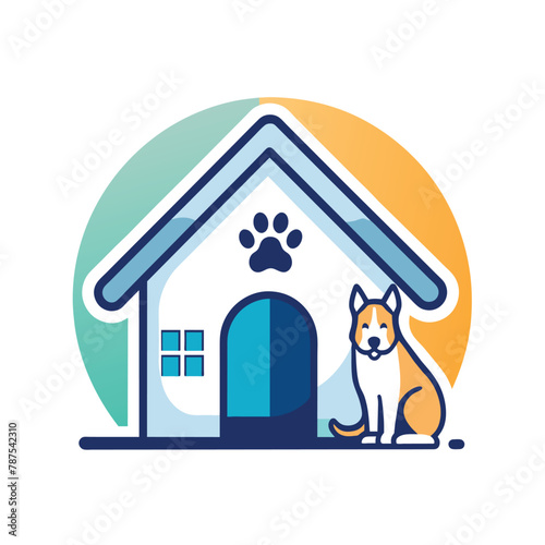A dog sits obediently in front of a small dog house in a backyard setting, A subtle nod to pet sitting with a small house icon, minimalist simple modern vector logo design